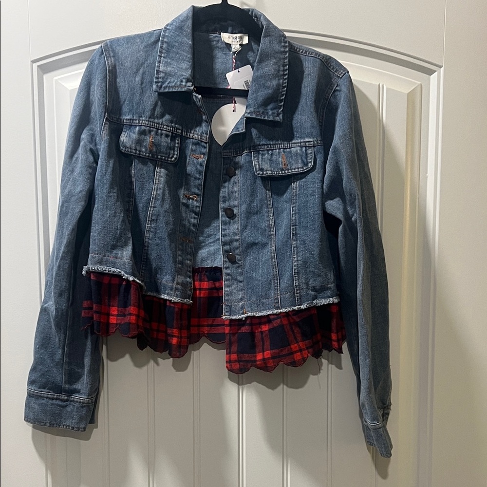 Denim Jacket with Red Plaid Trim